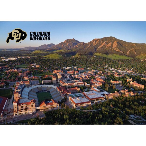 A postcard featuring an aerial photo of campus and the Flatirons, with the CU Buffalo logo and "Colorado Buffaloes" in black block letters in the top left corner.